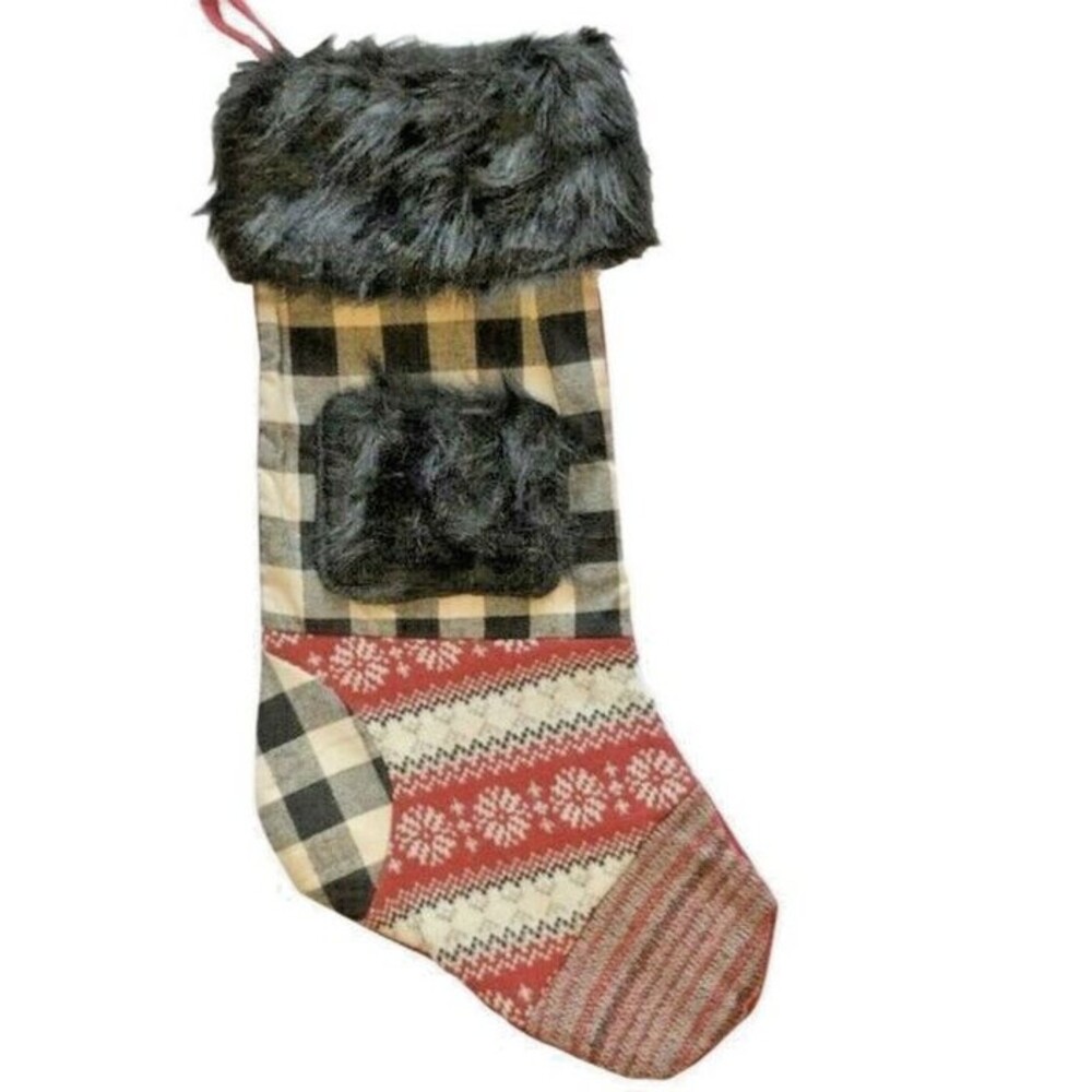 Christmas Stocking Patchwork Black Buffalo Plaid Fair Isle Faux Fur Cabin Lodge